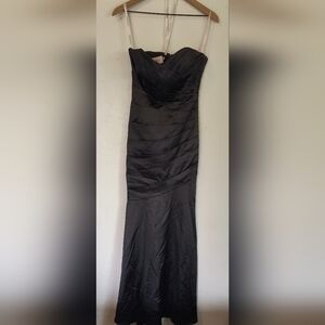 David's Bridal Strapless Black Satin Asymmetrical Mermaid Gown Sz 6 Women
